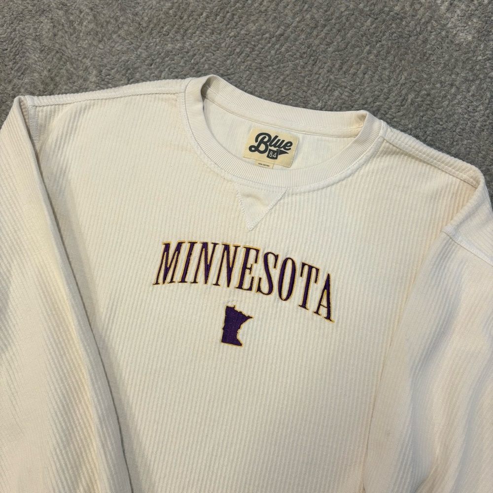 VTG Blue 84 Cream Crewneck Sweatshirt with Purple & Gold Embroidery
